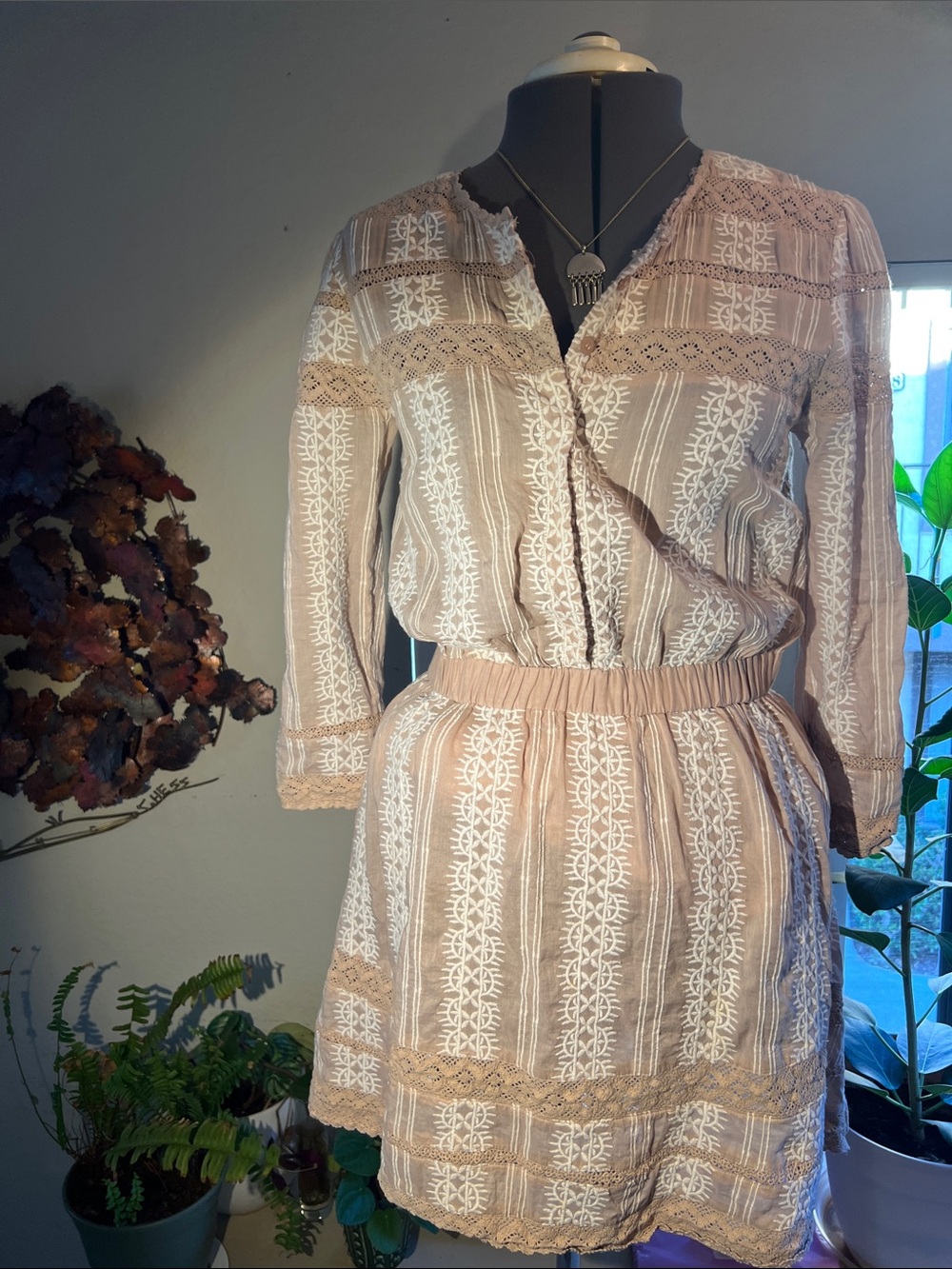 Tularosa Beige and White Embroidered Mini Dress